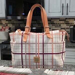 Dooney & Bourke Multicolor Plaid Tote with Orange Leather Handles - COA